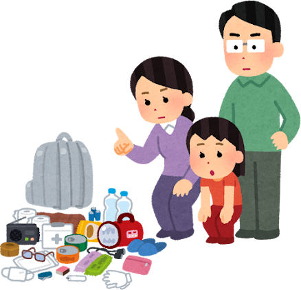 非常持ち出し袋を確認する家族のイラスト